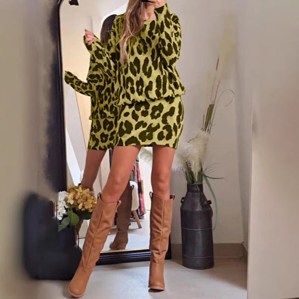 Damen Pulloverrock Set mit Leopardenmuster Sovae