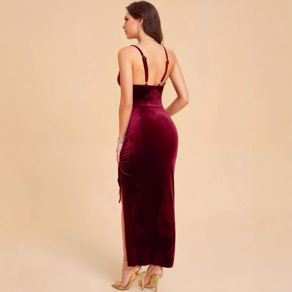 Damen Elegantes Samtmaxikleid mit anpassbarem Schlitz und raffinierter Raffung Sovae