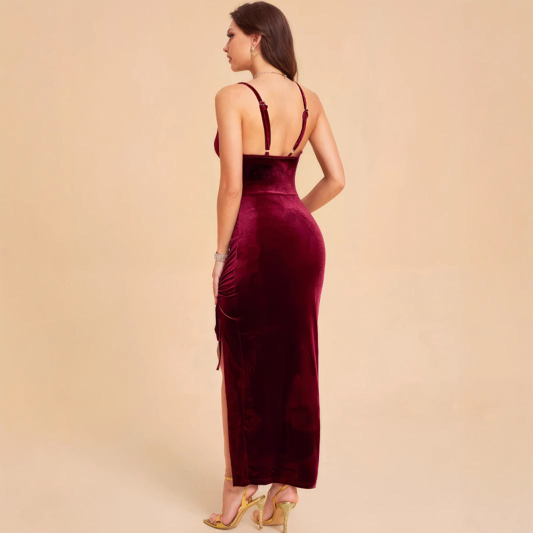 Damen Elegantes Samtmaxikleid mit anpassbarem Schlitz und raffinierter Raffung Sovae