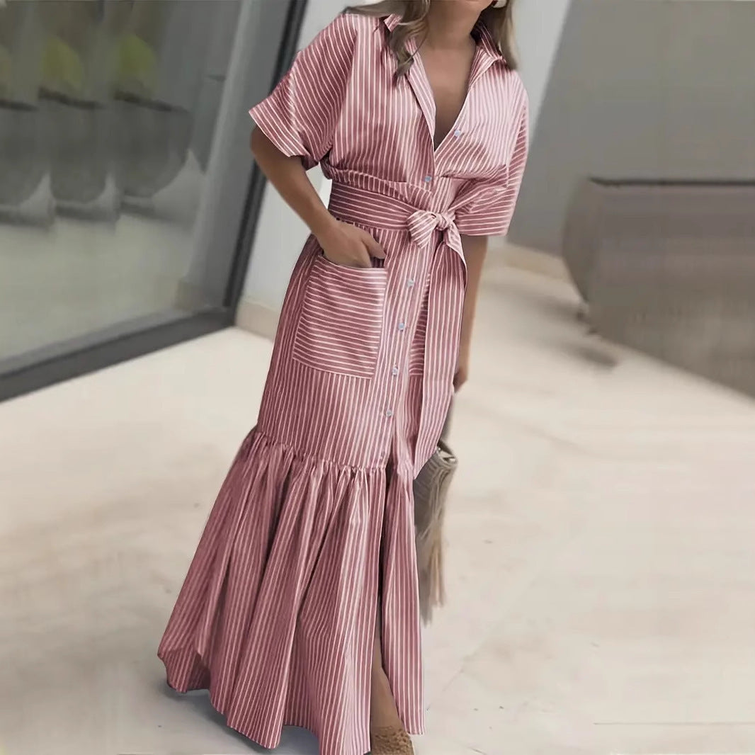 Damen Maxikleid mit Bindegürtel und Streifenmuster Sovae