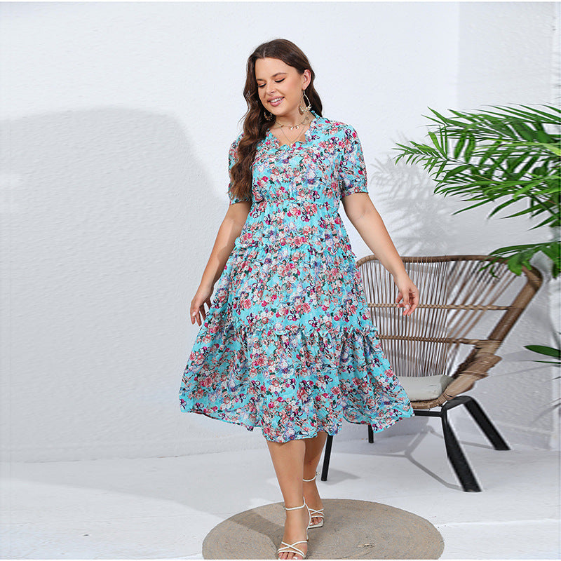 Damen Midikleid mit verspieltem Blütenmuster und voluminösem Rock Sovae