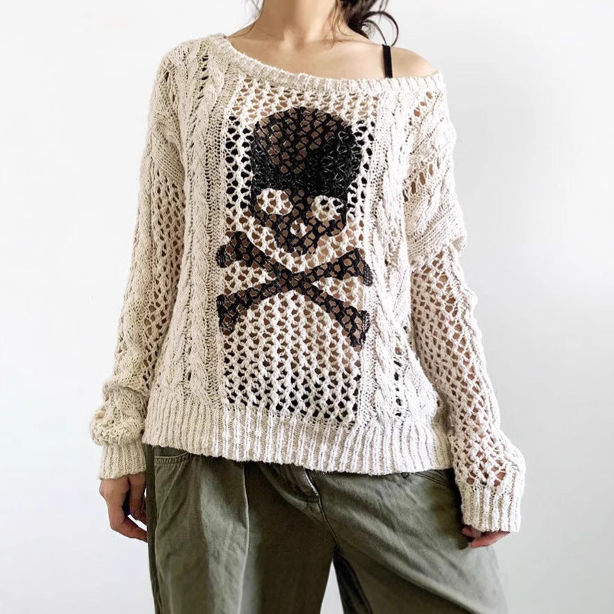 Damen Grob gestrickter Pullover mit Skelett-Motiv Sovae