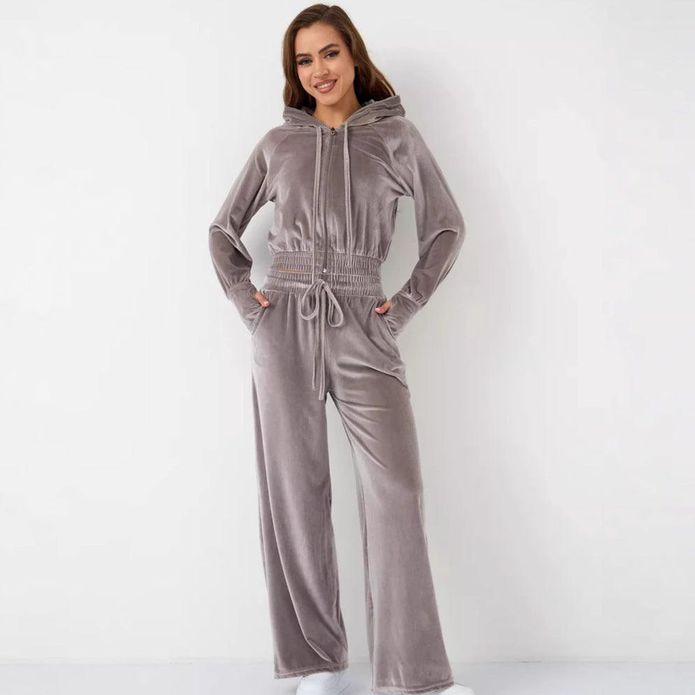 Damen Velours Freizeitanzug mit Kapuze Sovae