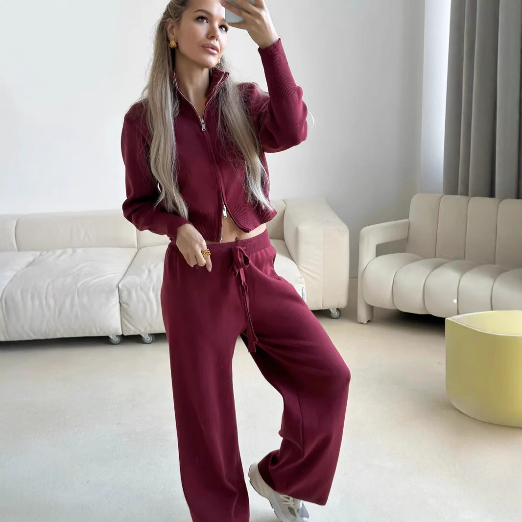 Damen lockerer Strick-Loungewear-Anzug mit hohem Kragen Sovae