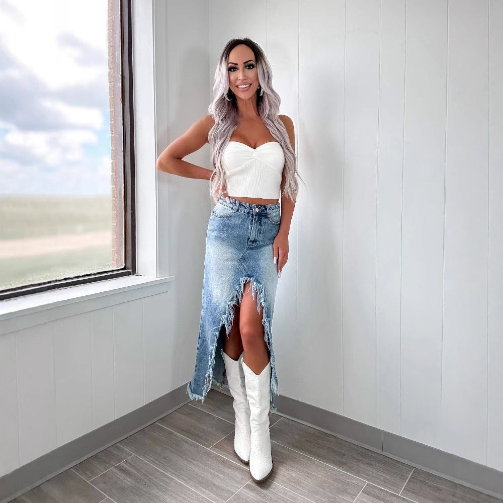 Damen Jeansrock mit asymmetrischem Saum und fransigen Abschlüssen Sovae