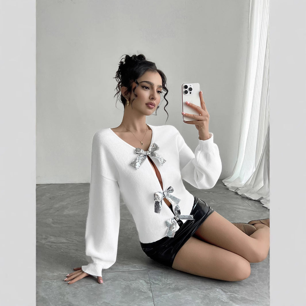 Damen modischer Strickpullover mit Glitzer-Schleifen Sovae