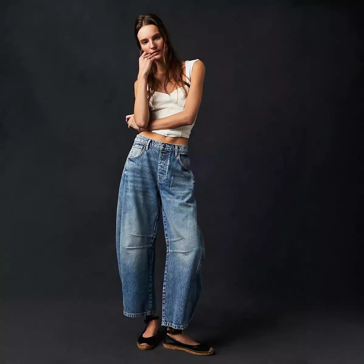 Damen Weit geschnittene Denim-Hose mit kreativen Nähdetails Sovae