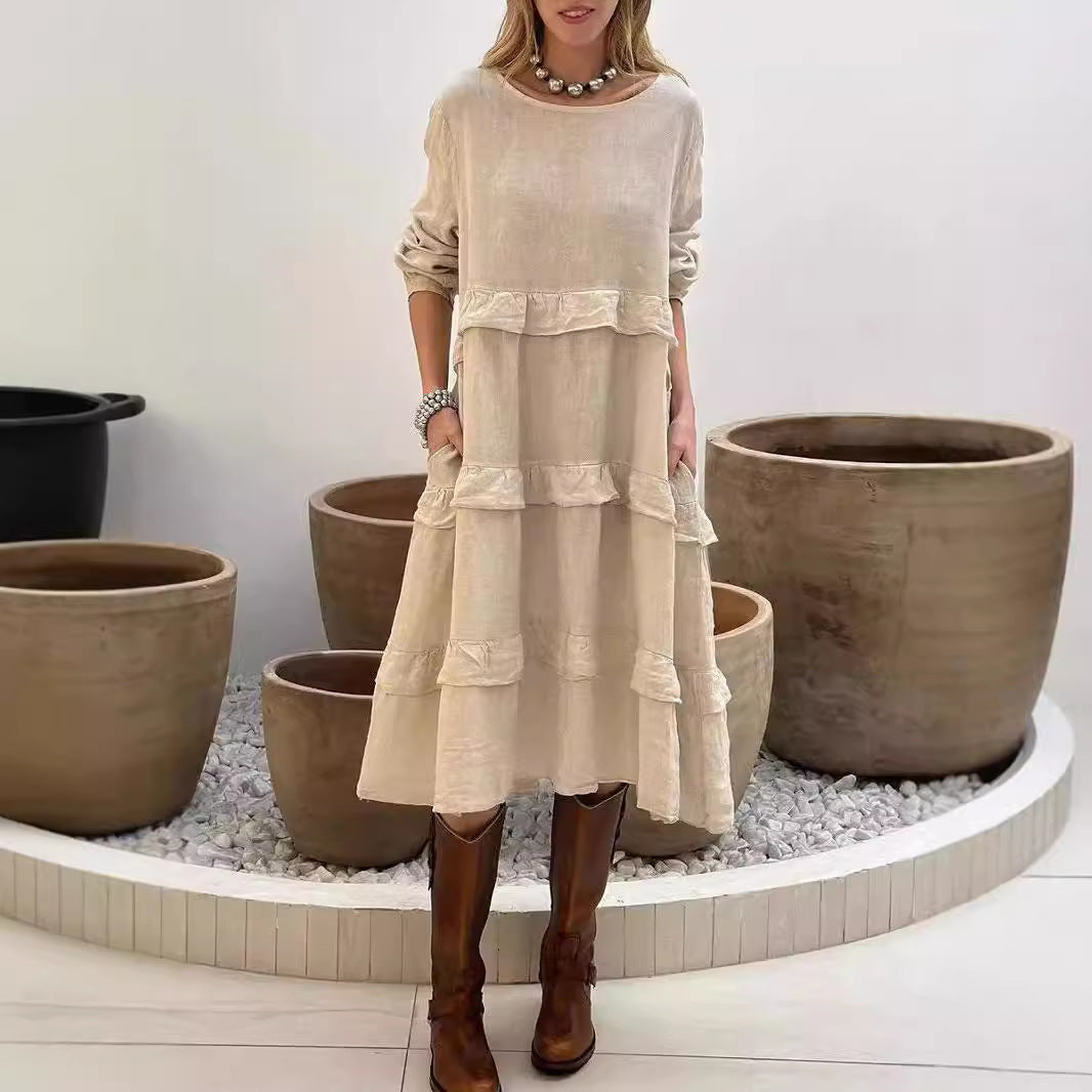 Damen luftiges Leinen-Midikleid mit Rüschendetails Sovae