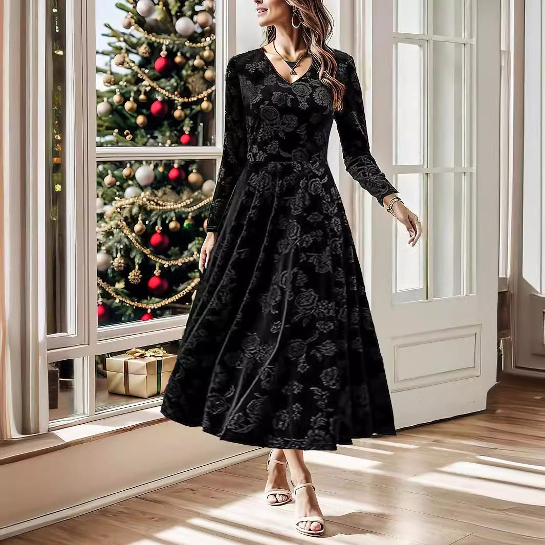 Damen Samt-Maxikleid mit floralem Muster und elegantem V-Ausschnitt Sovae