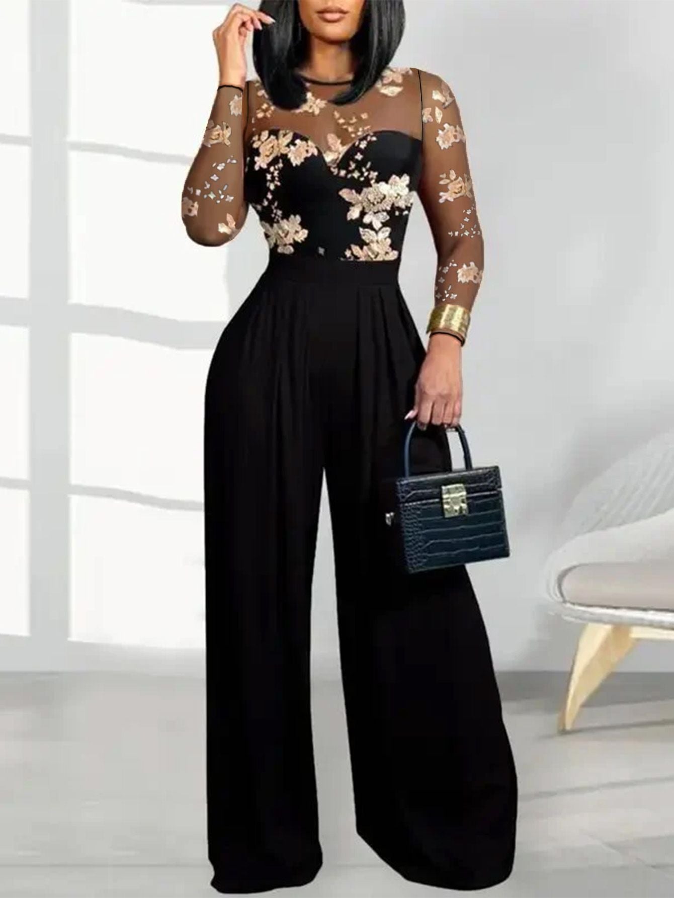 Damen elegantes Oberteil mit transparentem Blumendruck Sovae