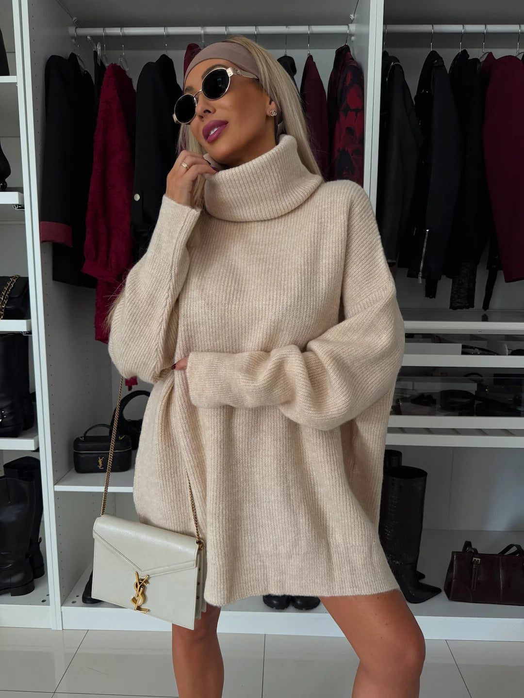 Damen weicher oversized Pullover mit hohem Kragen Sovae