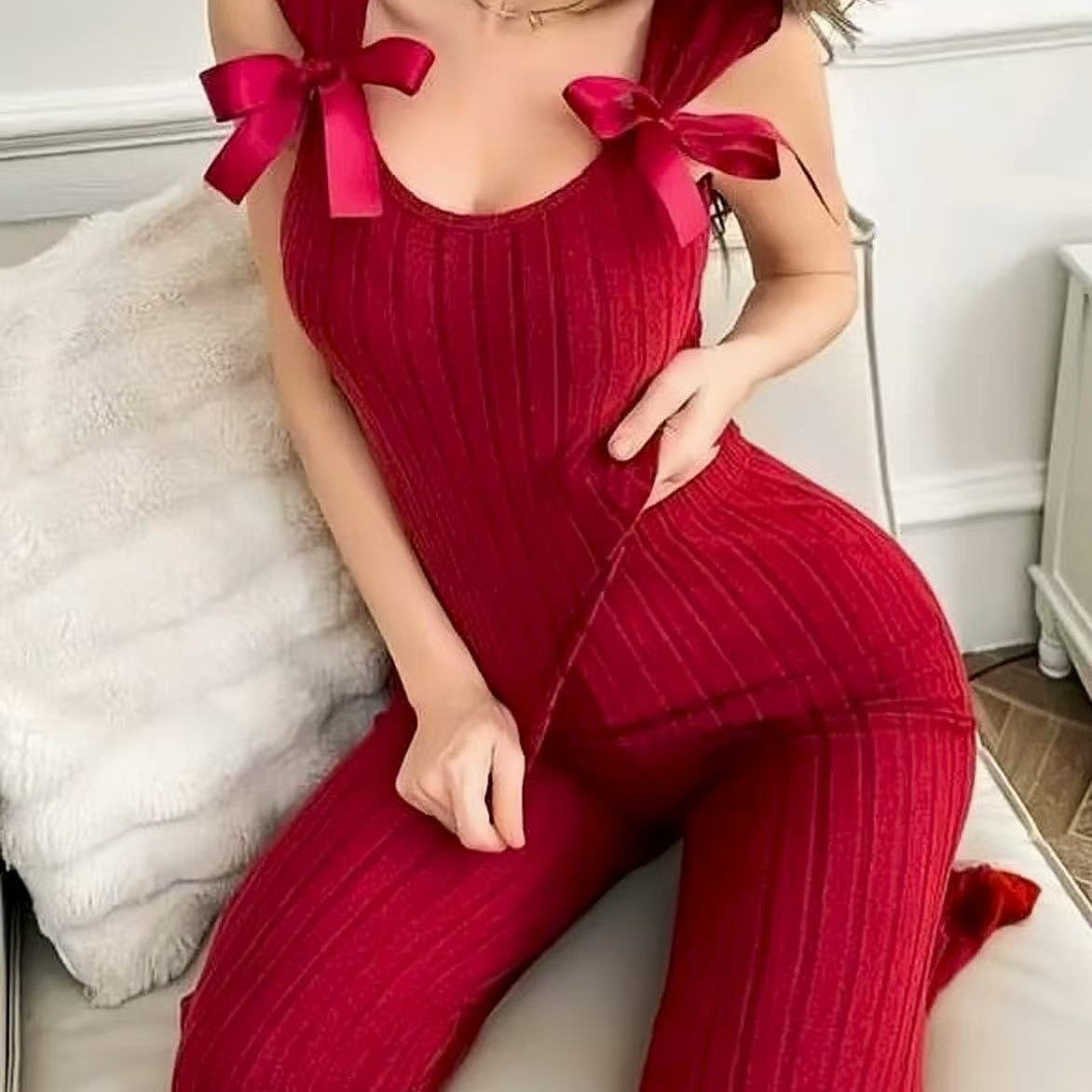 Damen Rippstrick Jumpsuit mit Schleifen Sovae