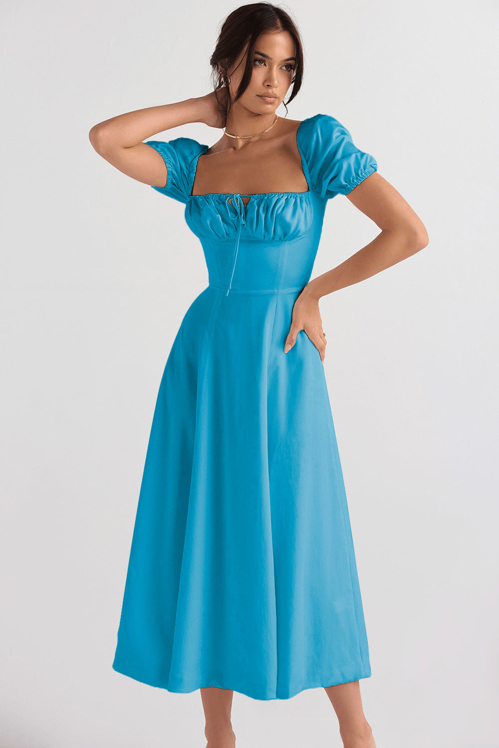Damen Midi-Kleid mit Puffärmeln und verstellbarem Schnürdetail Sovae