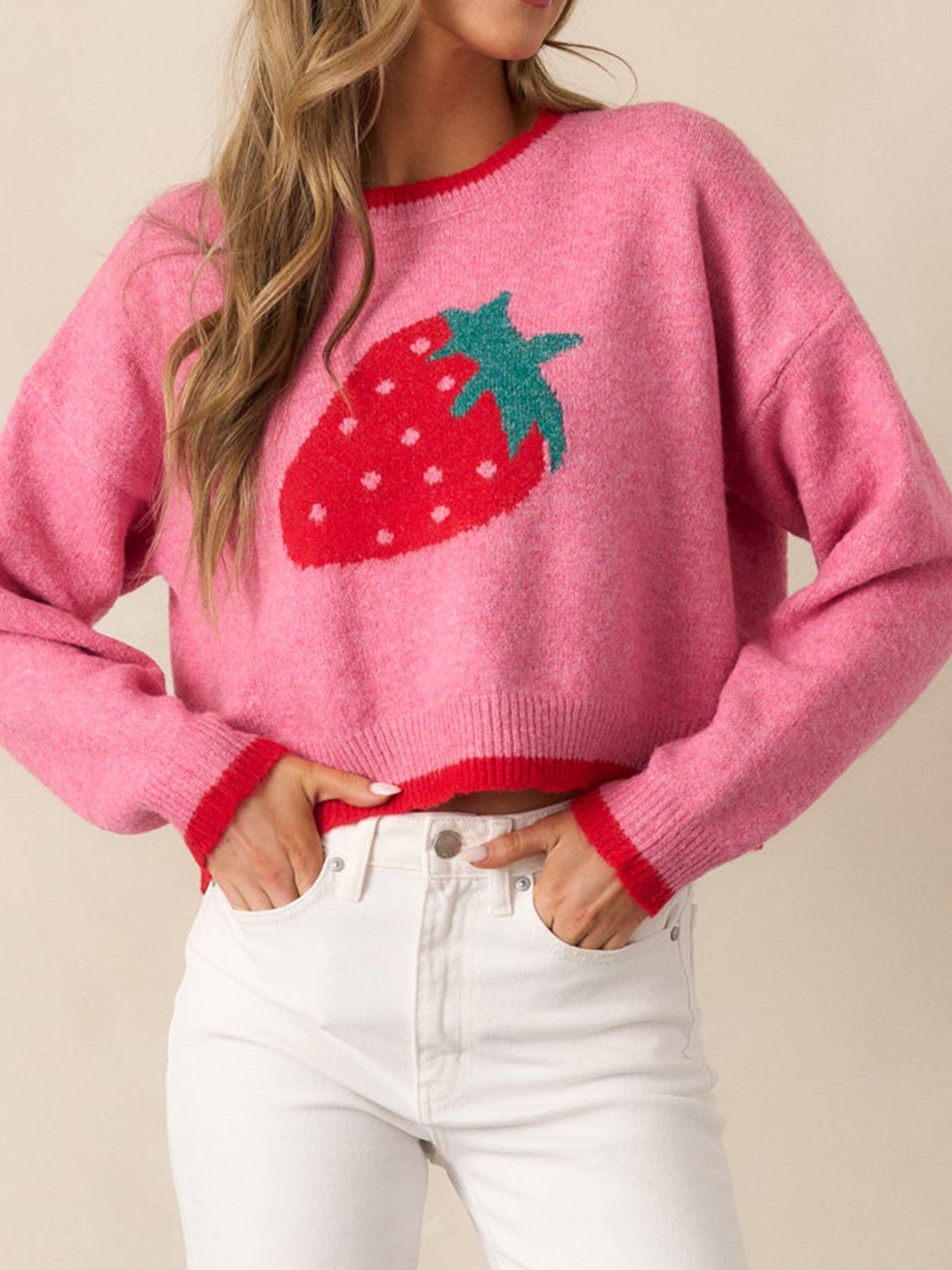 Damen trendiger Pullover mit Erdbeer-Motiv und Kontrastbündchen Sovae