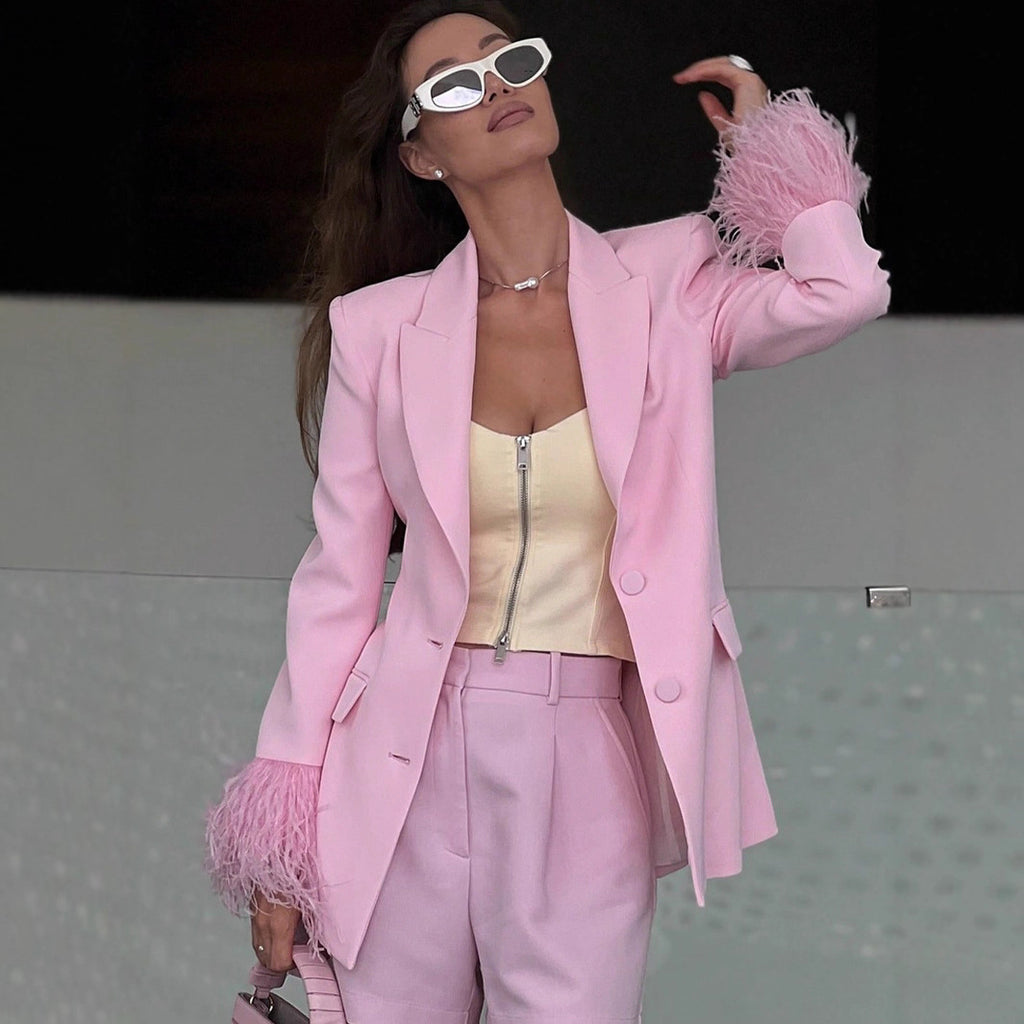 Damen eleganter Blazer mit auffälligen Federärmel Sovae