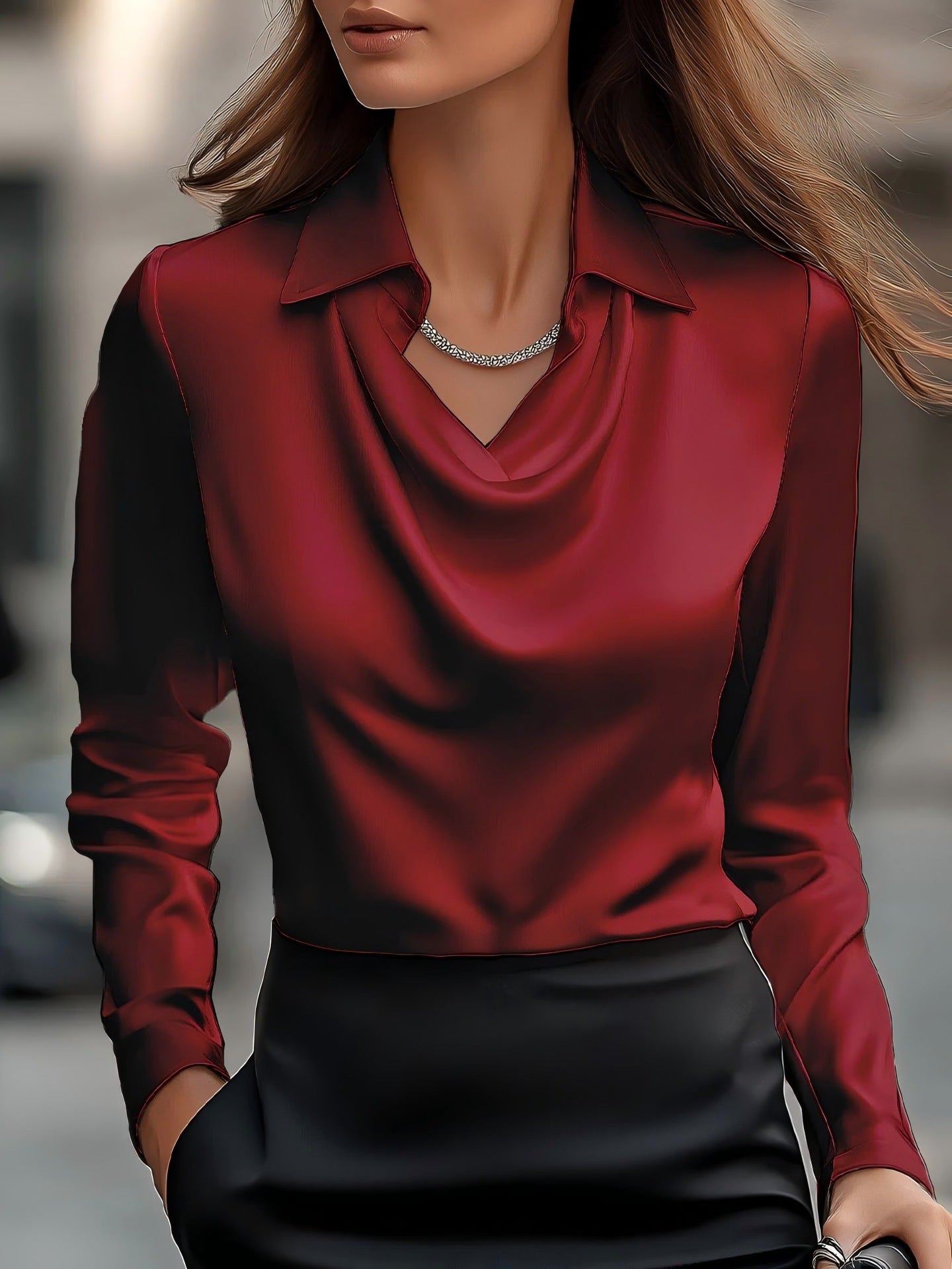 Damen elegante Satinbluse mit Wasserfallausschnitt Sovae