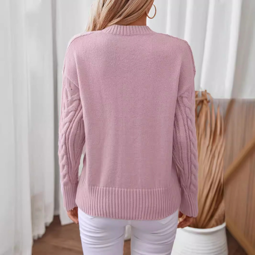 Damen modischer Strickpullover mit tiefem V-Ausschnitt und Zopfmuster Sovae