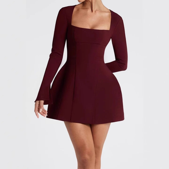 Damen Elegantes Minikleid mit Quadrat-Ausschnitt und ausgestellten Ärmeln Sovae