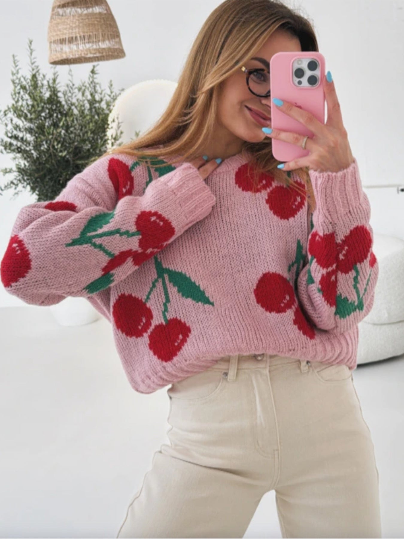 Damen lässiger Pullover mit fruchtigem Kirschmuster und weichem Strick Sovae