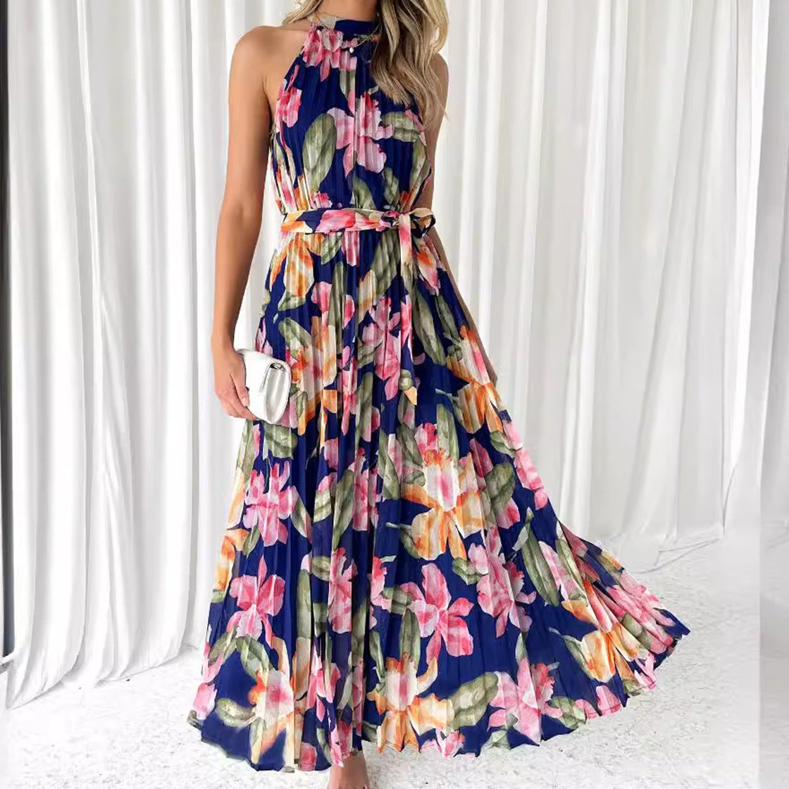 Damen florales Maxikleid mit halbem Kragen und Taillengürtel Sovae