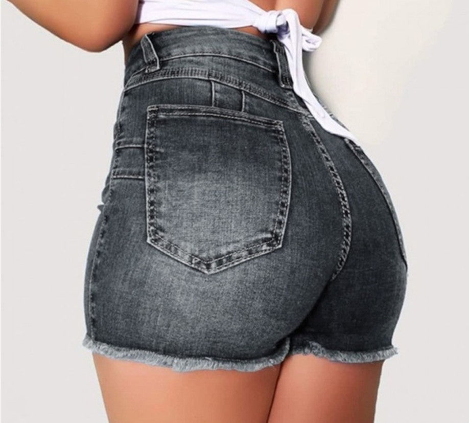 Damen High-Waist Denim-Shorts mit fransigem Saum Sovae