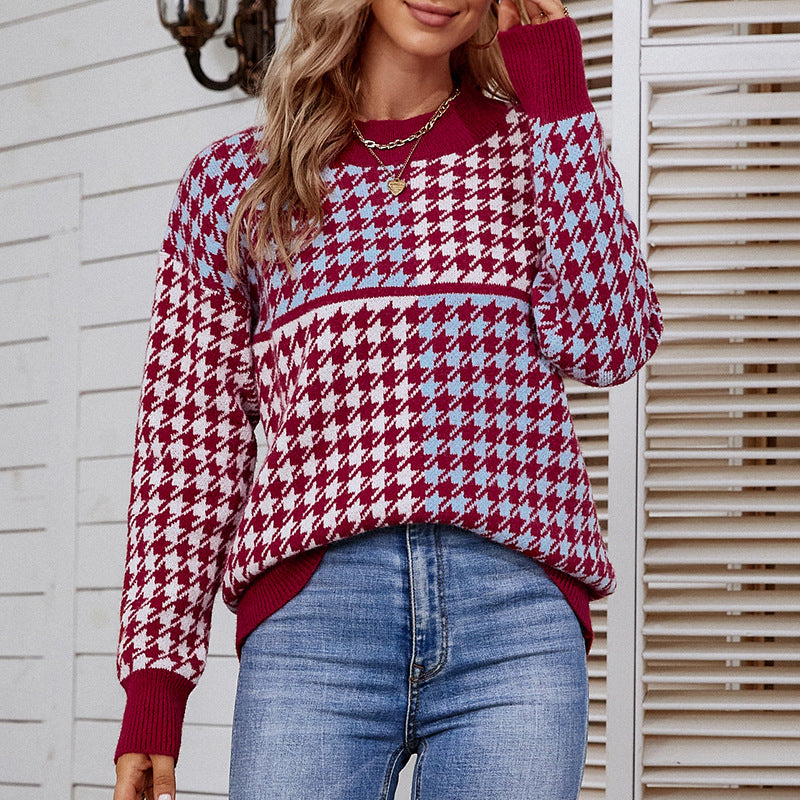 Damen kuscheliger Strickpullover mit trendigem Karomuster und weitem Schnitt Sovae