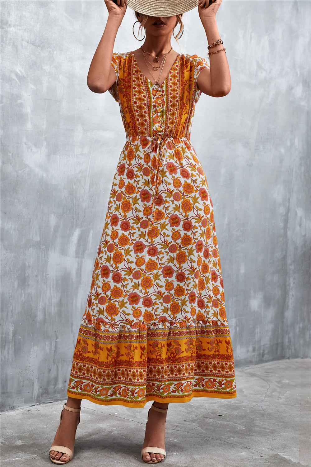 Damen Boho Maxikleid mit floralem Muster und elastischem Taillenzug Sovae