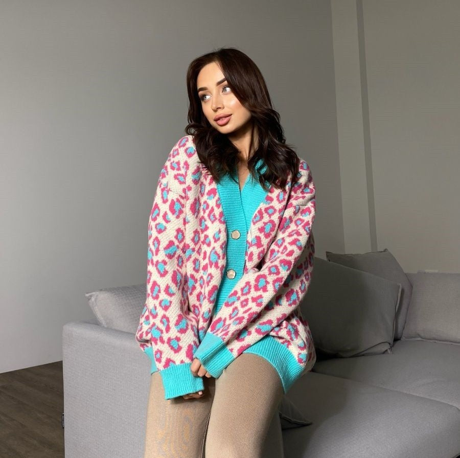 Damen Oversized Pullover mit Schulterdesign und lebhaftem Leopardenmuster Sovae