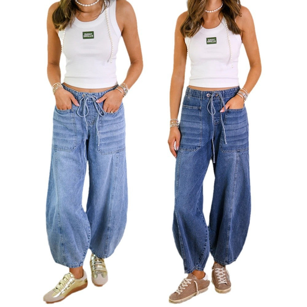 Damen Weit geschnittene Denim-Hosen mit elastischem Bund Sovae