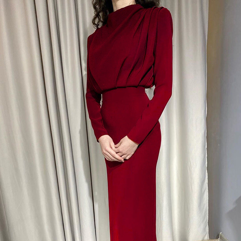 Damen Elegantes Langarmkleid mit Drapierung Sovae