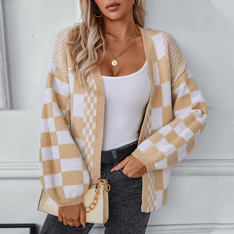 Damen lässige Strickjacke im modischen Karomuster Sovae