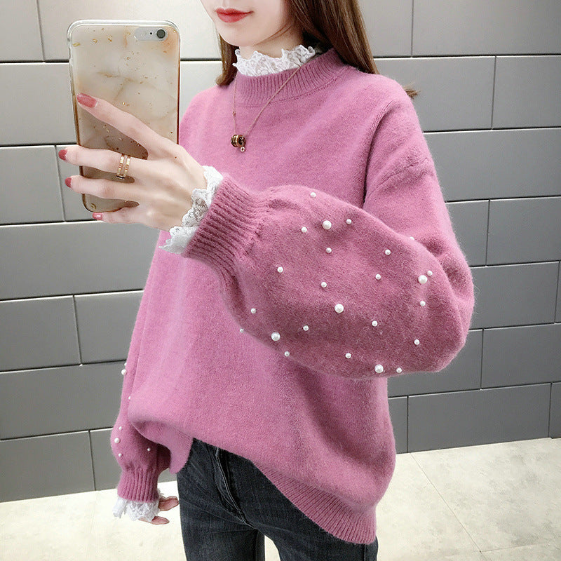 Damen trendiger Strickpullover mit Perlendetails und voluminösen Ärmeln Sovae