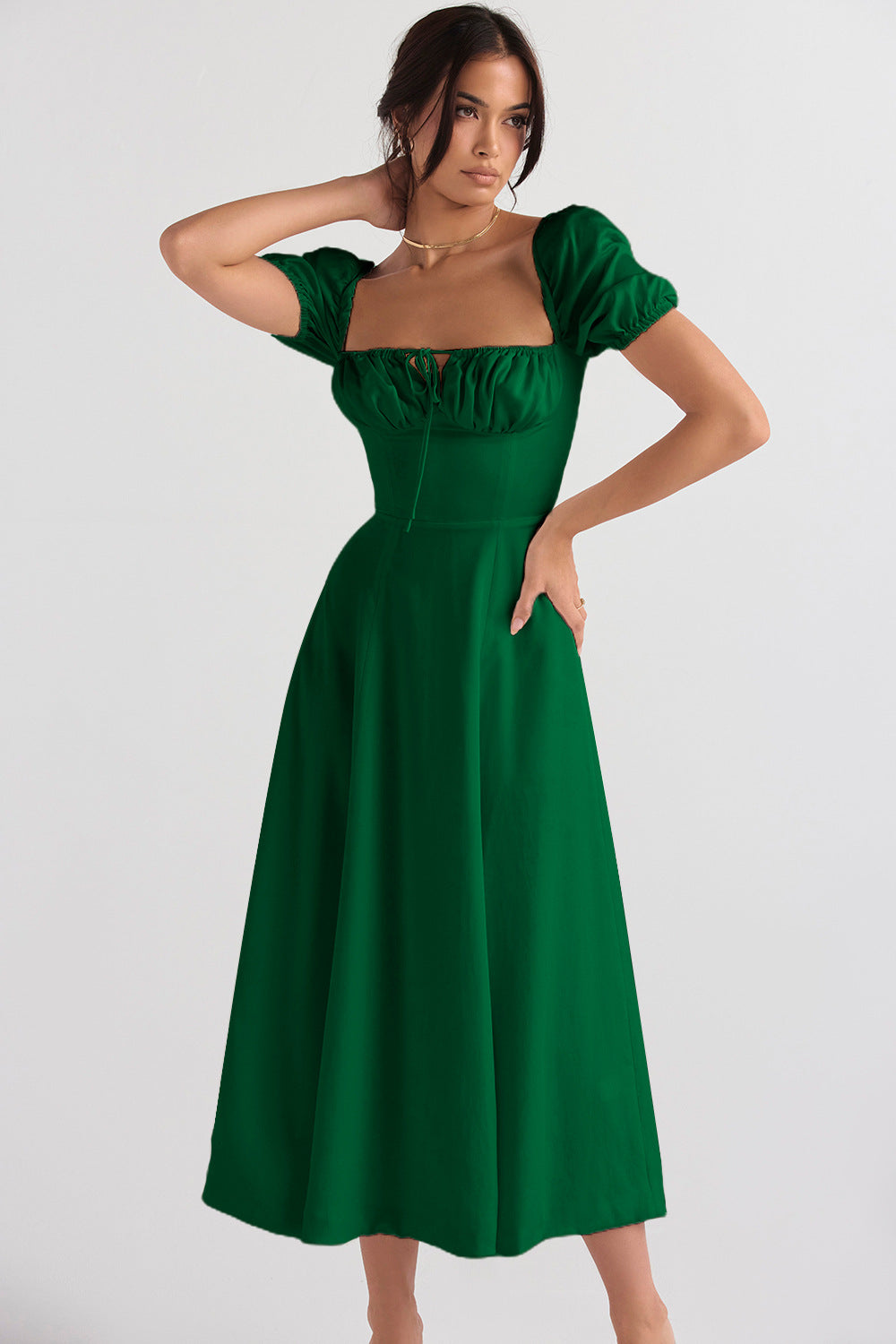 Damen Midi-Kleid mit Puffärmeln und verstellbarem Schnürdetail Sovae