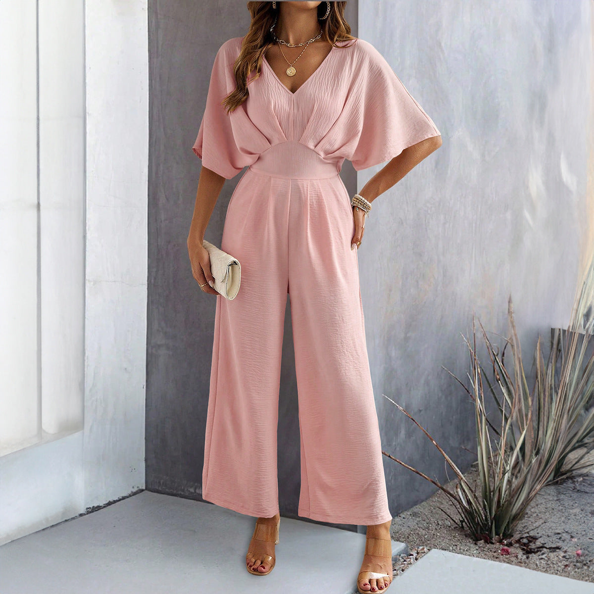 Damen stilvoller Jumpsuit mit V-Ausschnitt und Weitem Bein Sovae