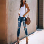 Damen Zerstörte Skinny Jeans mit hoch geschnittenem Bund und modischen Details Sovae