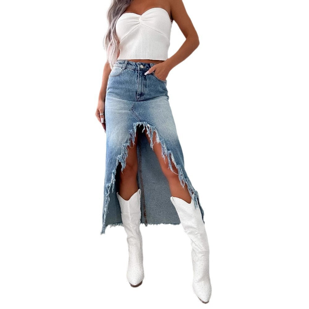Damen Jeansrock mit asymmetrischem Saum und fransigen Abschlüssen Sovae