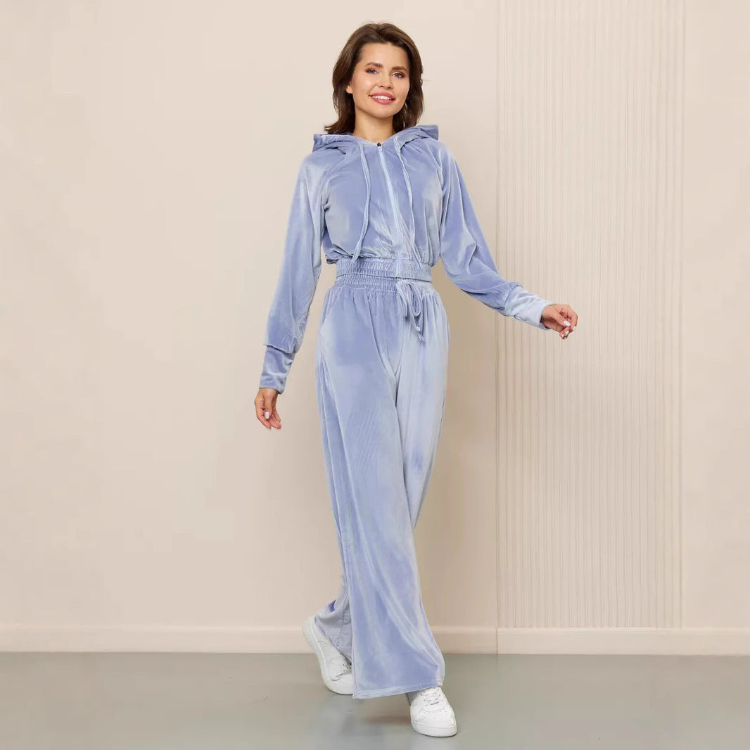 Damen Velours Freizeitanzug mit Kapuze Sovae