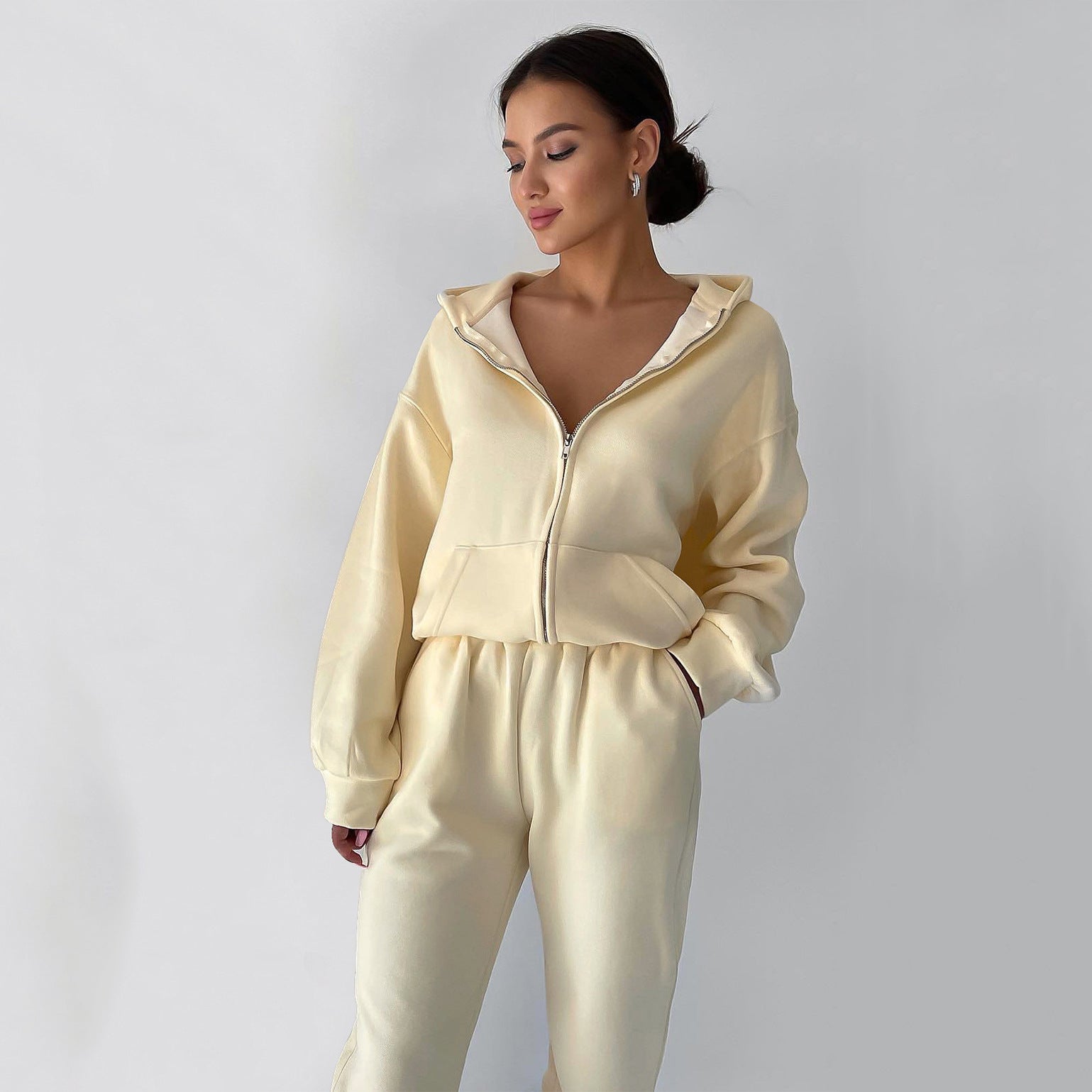 Damen entspannter Fleece-Loungewear-Anzug mit Kapuze Sovae