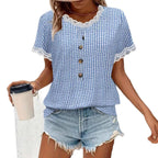 Damen luftiges Karomuster Bluse mit Spitzenkragen Sovae