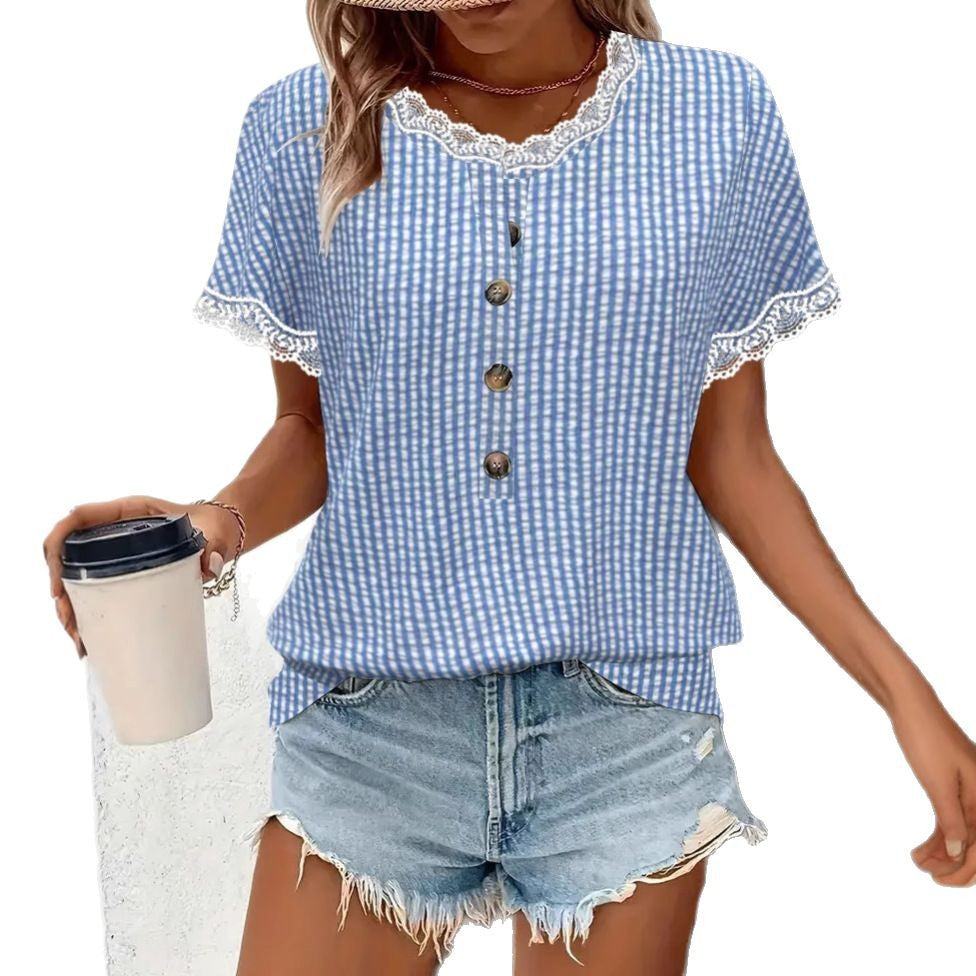 Damen luftiges Karomuster Bluse mit Spitzenkragen Sovae
