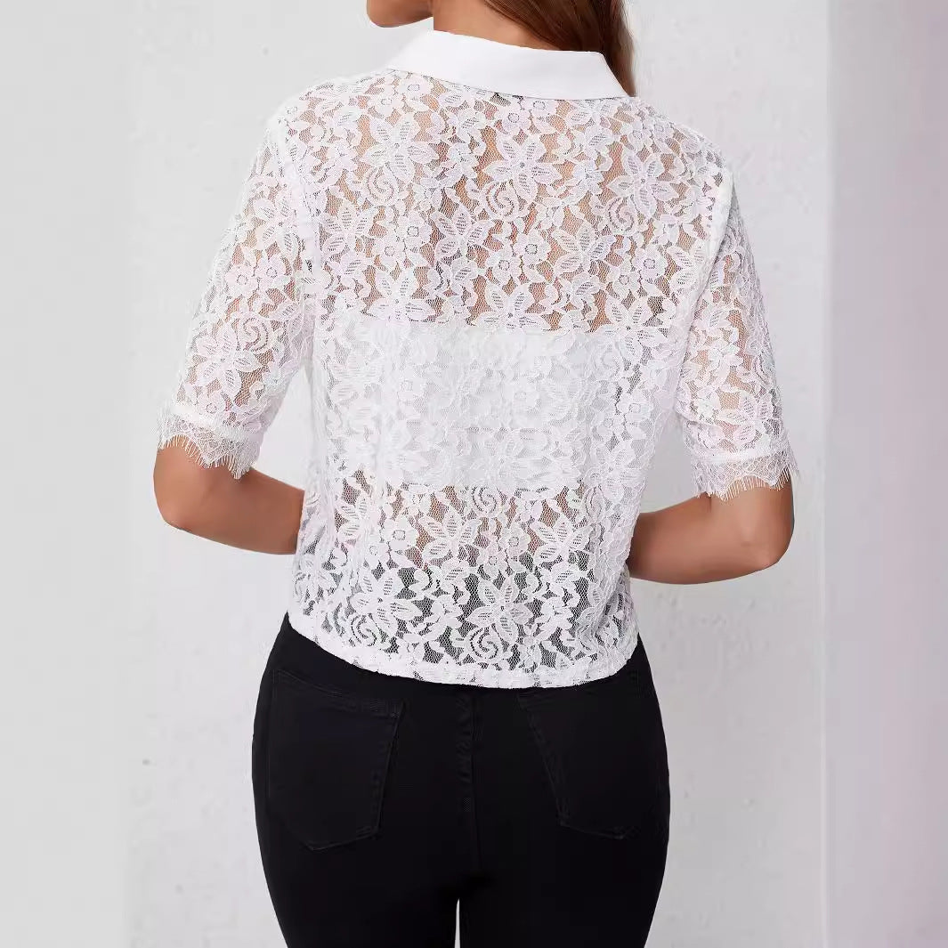 Damen Spitzenbluse mit Kurzarm und klassischem Kragen Sovae