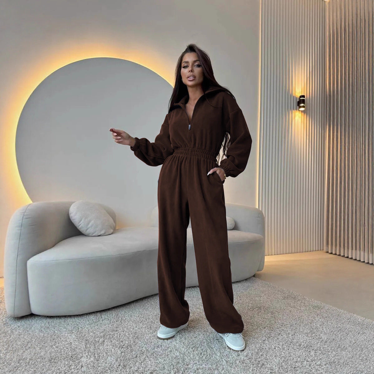Damen Fleece-Jumpsuit mit Reißverschluss und elastischem Bund Sovae