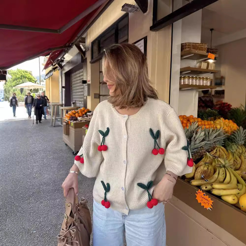 Damen lässiger und gestreifter Strickcardigan mit reizendem Kirschmuster Sovae