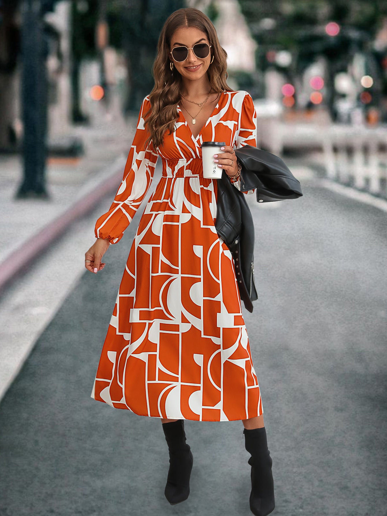 Damen Midikleid mit modernem geometrischen Muster und elastischem Bund Sovae