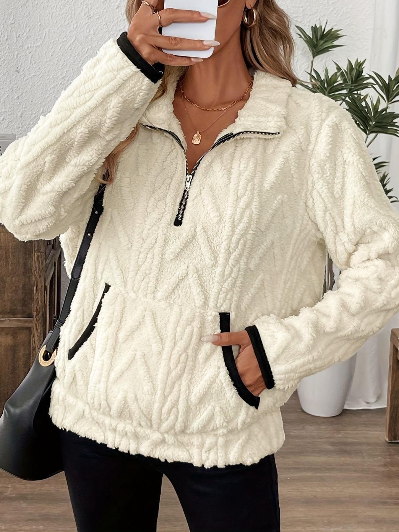 Damen modischer Fleece-Pullover mit halbem Reißverschluss und Taschen Sovae