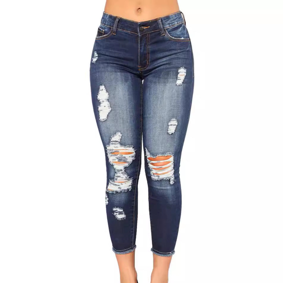 Damen modische Skinny Jeans mit ausgefransten Details Sovae