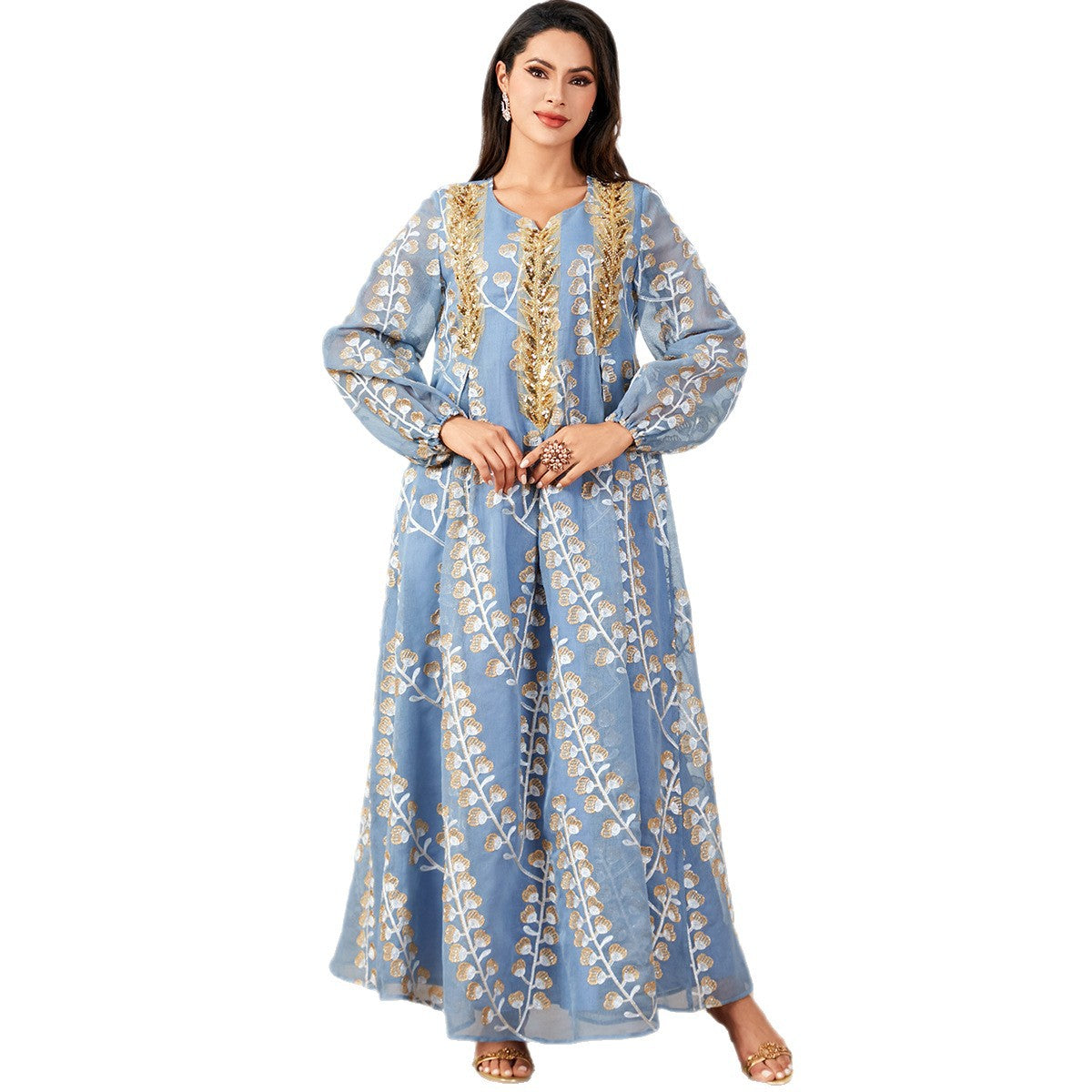 Damen Luftige, bodenlange Kaftan-Robe mit feiner Goldstickerei Sovae