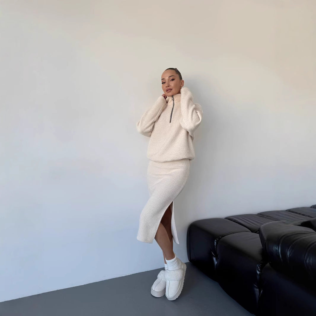 Damen Modischer Strickpullover mit kurzem Reißverschluss Sovae