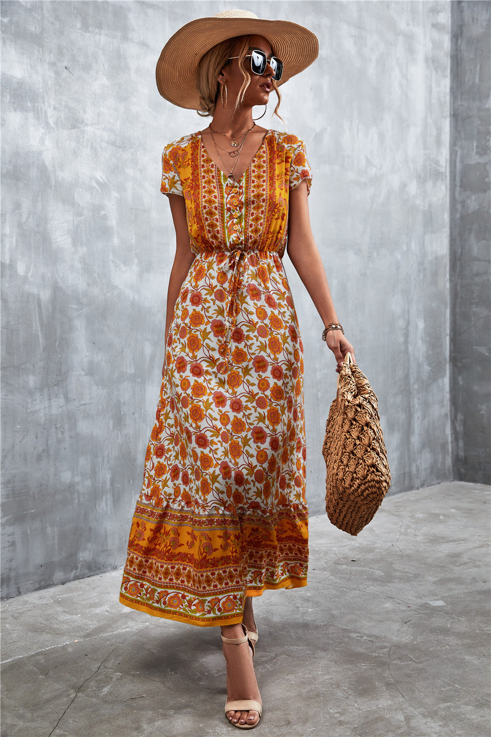 Damen Boho Maxikleid mit floralem Muster und elastischem Taillenzug Sovae