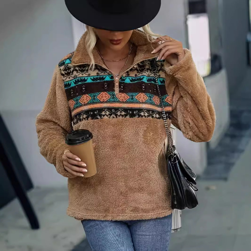 Damen Fleece-Pullover mit floralem Muster und praktischem halbhohem Reißverschluss Sovae